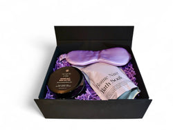 sleep kit with magnesium body butter, bath soak, silk pillowcase and eye mask in gift box