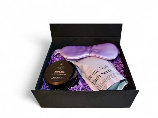 sleep kit with magnesium body butter, bath soak, silk pillowcase and eye mask in gift box